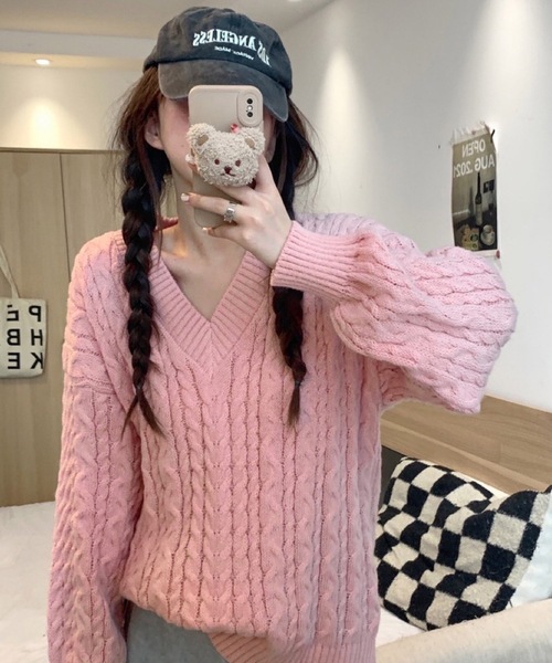 Vネック ケーブル編みニット オーバーサイズ リブニット（ニット