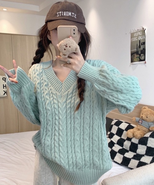 shopnikoniko(ショップニコニコ)の「Vネック ケーブル編みニット オーバーサイズ リブニット(ニット/セーター・レディース・グレー/アイボリー/グリーン/ピンク・フリー)」の20枚目の写真