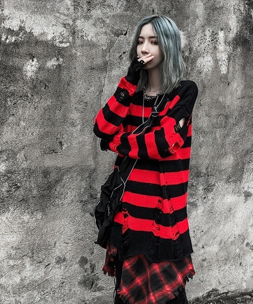 《WARAIJOGO》ダメージ加工オーバーサイズボーダーニット（ニット/セーター）｜WARAIJOGO（ワライジョウゴ）