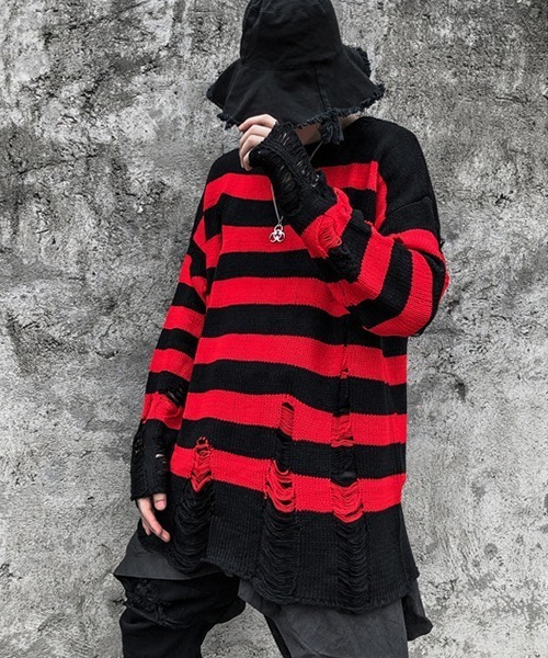 《WARAIJOGO》ダメージ加工オーバーサイズボーダーニット（ニット/セーター）｜WARAIJOGO（ワライジョウゴ）