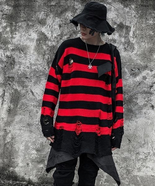 《WARAIJOGO》ダメージ加工オーバーサイズボーダーニット（ニット/セーター）｜WARAIJOGO（ワライジョウゴ）