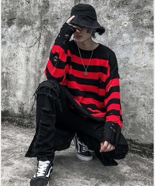 《WARAIJOGO》ダメージ加工オーバーサイズボーダーニット（ニット/セーター）｜WARAIJOGO（ワライジョウゴ）