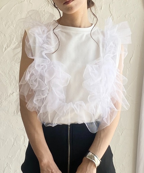 She's Closet(シーズクローゼット)の「2WAYオープンショルダーシアーフリルチュールドッキングTシャツ(Tシャツ/カットソー・レディース・ブラック/オフホワイト/杢グレー・FREE)」の2枚目の写真