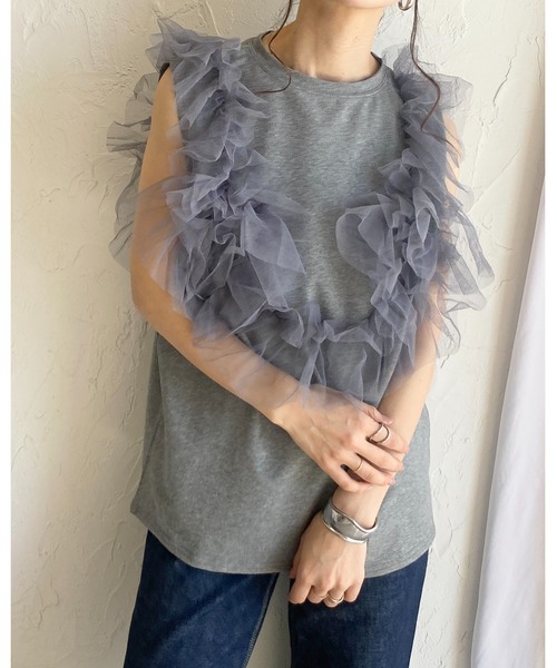 She's Closet(シーズクローゼット)の「2WAYオープンショルダーシアーフリルチュールドッキングTシャツ(Tシャツ/カットソー・レディース・ブラック/オフホワイト/杢グレー・FREE)」の11枚目の写真