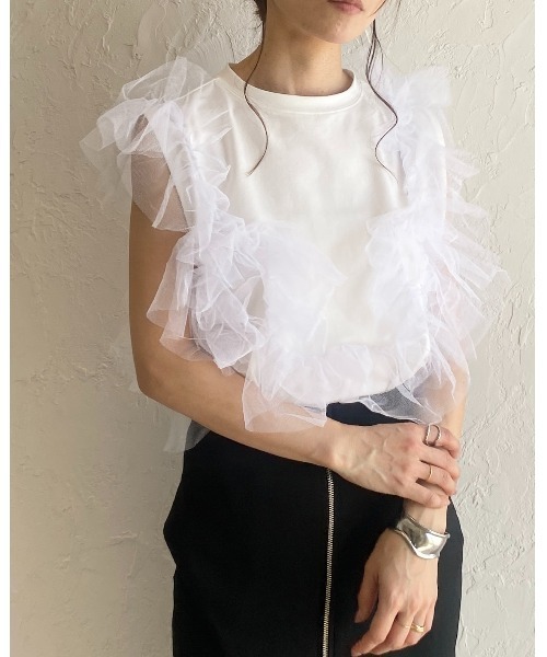 She's Closet(シーズクローゼット)の「2WAYオープンショルダーシアーフリルチュールドッキングTシャツ(Tシャツ/カットソー・レディース・ブラック/オフホワイト/杢グレー・FREE)」の14枚目の写真