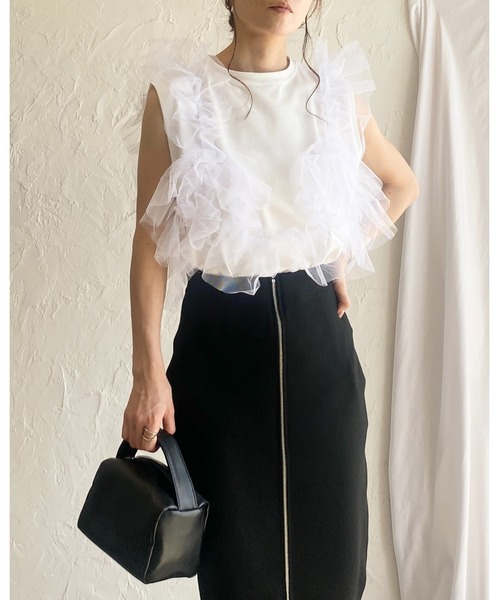 tシャツ ダブルチュールオフショルダートップス レディース セール】2WAYオープンショルダーシアーフリルチュールドッキング
