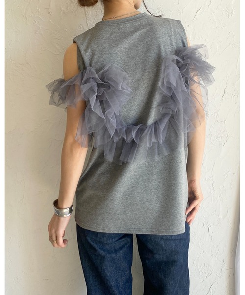 She's Closet(シーズクローゼット)の「2WAYオープンショルダーシアーフリルチュールドッキングTシャツ(Tシャツ/カットソー・レディース・ブラック/オフホワイト/杢グレー・FREE)」の22枚目の写真