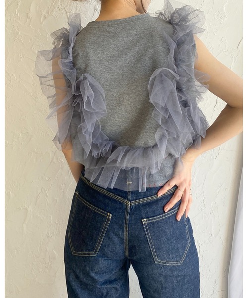She's Closet(シーズクローゼット)の「2WAYオープンショルダーシアーフリルチュールドッキングTシャツ(Tシャツ/カットソー・レディース・ブラック/オフホワイト/杢グレー・FREE)」の19枚目の写真