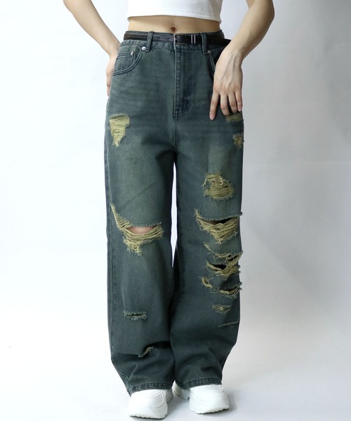Starting Over(スターティングオーバー)の「overdye ripped denim baggy pants/オーバーダイ ダメージ加工 ヴィンテージライク デニム バギーパンツ(デニムパンツ・メンズ・ブラック/ブルー・M/XL/L)」の2枚目の写真