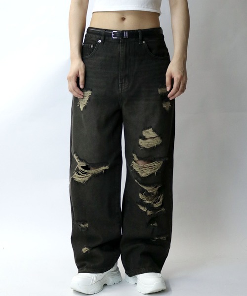 Starting Over(スターティングオーバー)の「overdye ripped denim baggy pants/オーバーダイ ダメージ加工 ヴィンテージライク デニム バギーパンツ(デニムパンツ・メンズ・ブラック/ブルー・M/XL/L)」の1枚目の写真