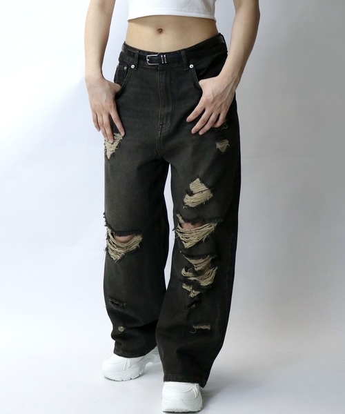 Starting Over(スターティングオーバー)の「overdye ripped denim baggy pants/オーバーダイ ダメージ加工 ヴィンテージライク デニム バギーパンツ(デニムパンツ・メンズ・ブラック/ブルー・M/XL/L)」の19枚目の写真