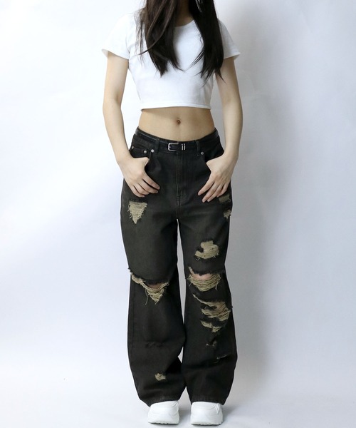 Starting Over(スターティングオーバー)の「overdye ripped denim baggy pants/オーバーダイ ダメージ加工 ヴィンテージライク デニム バギーパンツ(デニムパンツ・メンズ・ブラック/ブルー・M/XL/L)」の22枚目の写真