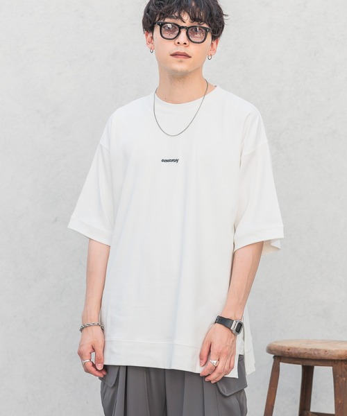 セール】サイドスリット/スムースプチ刺繍オーバーサイズTシャツ