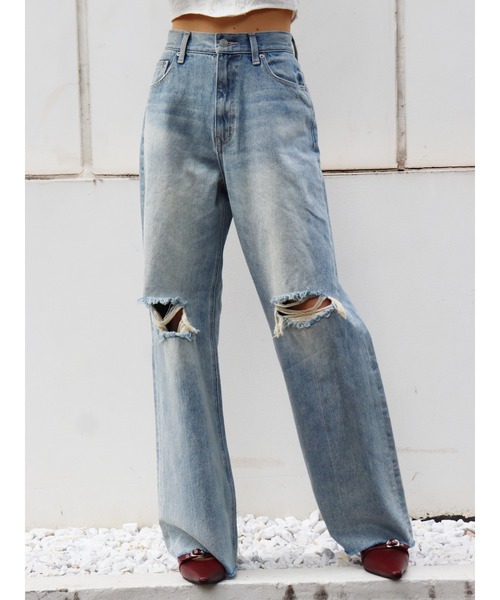 EVRIS(エヴリス)の「FRONTスラッシュワイドデニムパンツ(デニムパンツ・レディース・ブルー/インディゴブルー・SMALL/MEDIUM)」の1枚目の写真