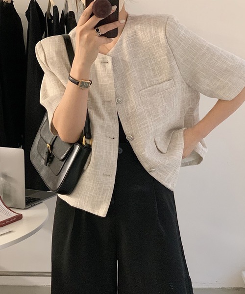 aimoha(アイモハ)の「ツイード半袖ジャケット (SS)(その他アウター・レディース・オフホワイト/ライトグレー/パープル・FREE)」の2枚目の写真