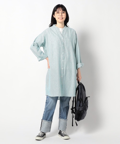 Grand PARK（グランドパーク）の「【柔らかくさらさらが続くリネンシリーズ】　スキッパー長袖シャツ（ストライプ）（シャツ/ブラウス・レディース・ブラック系/グリーン系・MEDIUM/LARGE）」の9枚目の写真