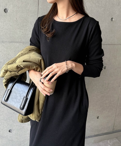 セール】セルフカットリブボートネック長袖ワンピース（ワンピース