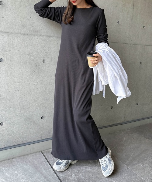 セール】セルフカットリブボートネック長袖ワンピース（ワンピース