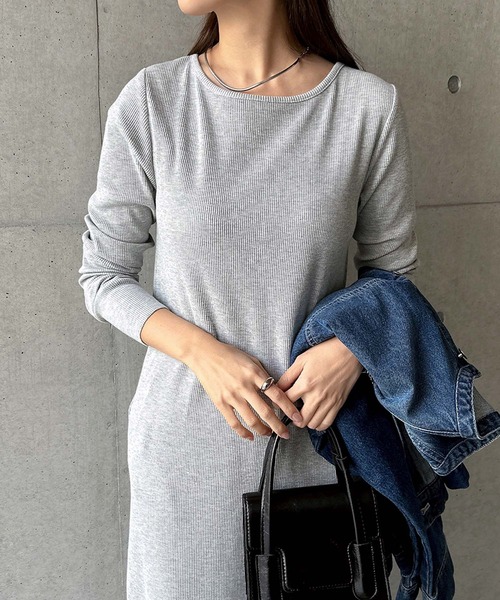 セール】セルフカットリブボートネック長袖ワンピース（ワンピース