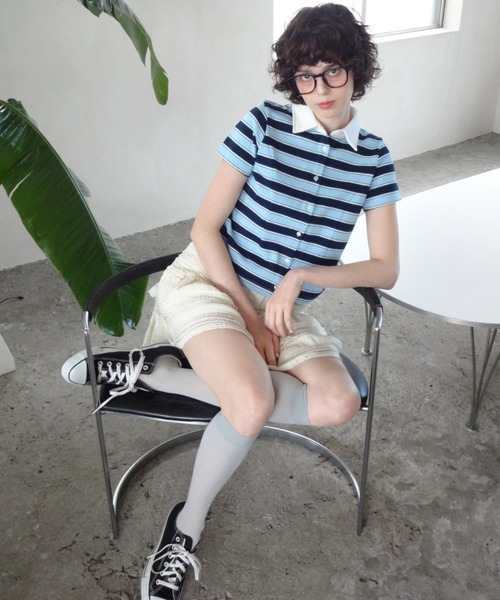 idem（イデム）の「border polo shirt／ボーダーポロシャツ（ポロシャツ・レディース・ネイビー/ベージュ・FREE）」の3枚目の写真