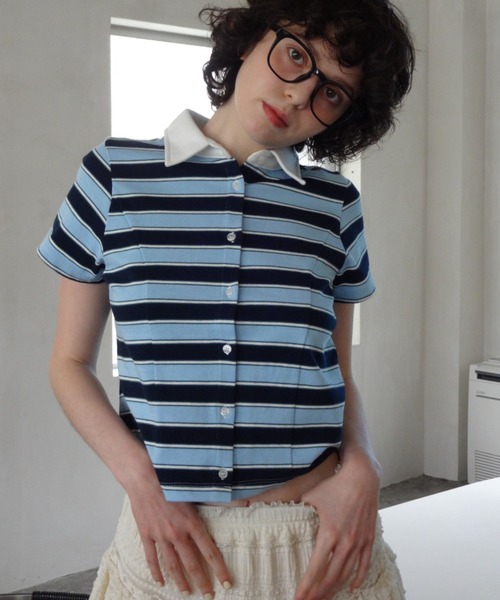 idem ボーダーフリルポロシャツ セール】border polo shirt／ボーダーポロシャツ（ポロシャツ