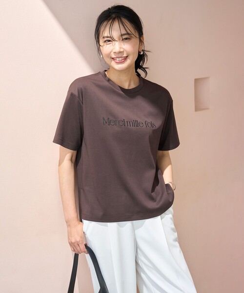 UNFILO（アンフィーロ）の「BEAUTY FORM-Tコットン ロゴ半袖T（Tシャツ/カットソー・レディース・ベージュ系1/ホワイト系1/ネイビー系1/グレー系1/ライトグレー系1/ピンク系1/ダークブラウン系1/ピンク系2/ホワイト系2/グレー系3・LARGE/MEDIUM/SMALL）」の6枚目の写真