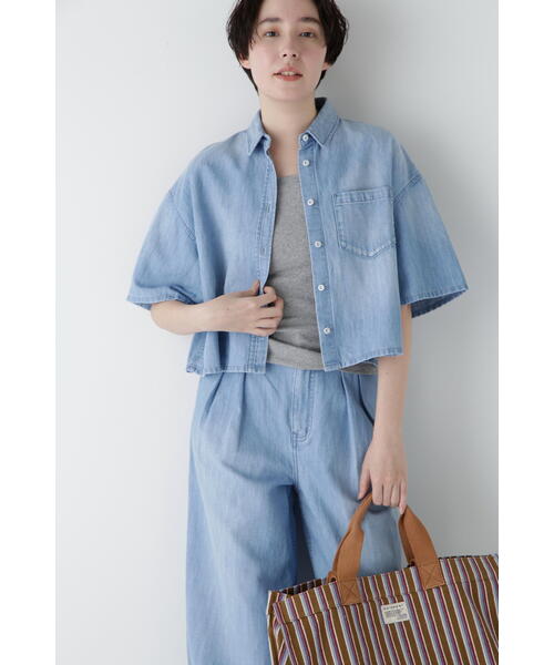 Healthy denim(ヘルシーデニム)の「◆【Healthy DENIMコラボ】クロップド半袖デニムシャツ(シャツ/ブラウス・レディース・ネイビー/ブルー・MEDIUM)」の4枚目の写真