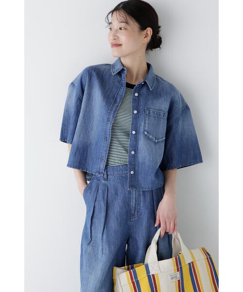 Healthy denim(ヘルシーデニム)の「◆【Healthy DENIMコラボ】クロップド半袖デニムシャツ(シャツ/ブラウス・レディース・ネイビー/ブルー・MEDIUM)」の3枚目の写真