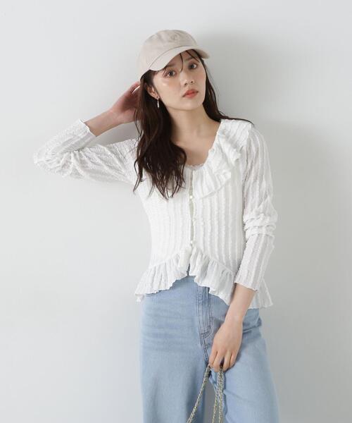 PROPORTION BODY DRESSING(プロポーションボディドレッシング)の「シアーフリルカーディガン / 1215160507(Tシャツ/カットソー・レディース・ブラック/ホワイト/ライトグリーン・FREE)」の1枚目の写真