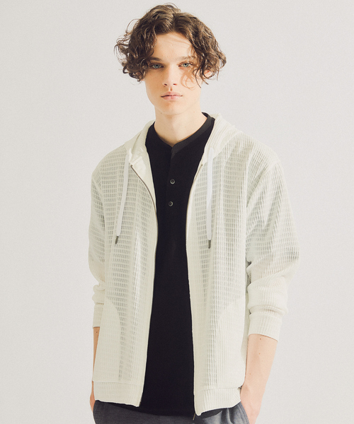 ABAHOUSE(アバハウス)の「ブロック柄メッシュ ダブル ジップパーカー / シアーストレッチ(パーカー・メンズ・ブラック/ネイビー/ホワイト・44/48/46)」の2枚目の写真