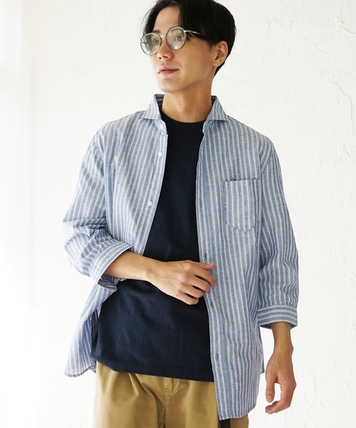 (Never) Acquiesce(ネバーアクイース)の「綿麻ホリゾンタルカラー7分袖シャツ(シャツ/ブラウス・メンズ・ネイビー/ブルー系その他/ホワイト/ホワイト系その他/ブラック/グレー系その他/ブルー系その他2/スモークピンク・MEDIUM/LARGE/X-LARGE)」の7枚目の写真