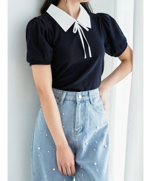 襟付きバイカラーリボンタイプルオーバー（Tシャツ/カットソー