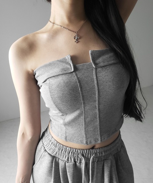 3color ／ カップ付き 】コルセットスリムライン切替ベアトップス
