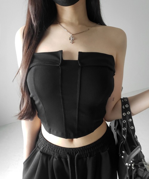 3color ／ カップ付き 】コルセットスリムライン切替ベアトップス