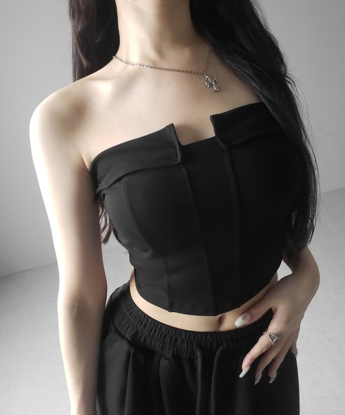 me+em select（ミームセレクト）の「※※【 ３color ／ カップ付き 】コルセットスリムライン切替ベアトップス ／ corset slim line switching bare tops（チューブトップ・レディース・ホワイト/ライトグレー/ブラック・FREE）」の5枚目の写真