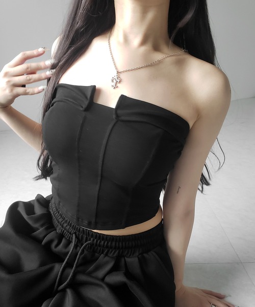 me+em select（ミームセレクト）の「※※【 ３color ／ カップ付き 】コルセットスリムライン切替ベアトップス ／ corset slim line switching bare tops（チューブトップ・レディース・ホワイト/ライトグレー/ブラック・FREE）」の7枚目の写真