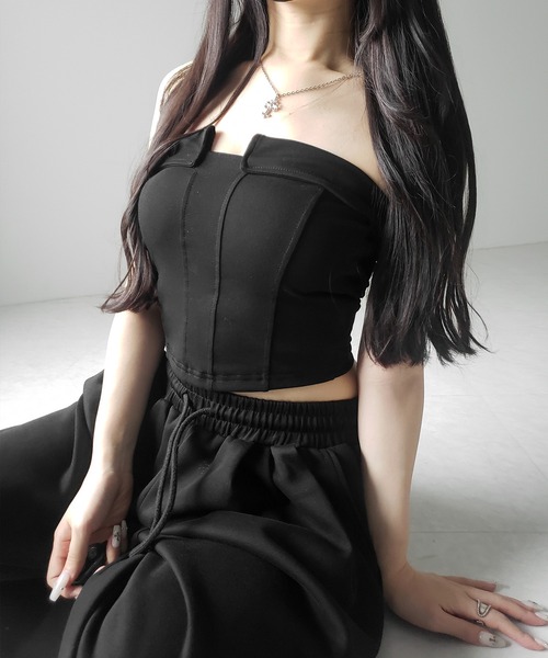 3color ／ カップ付き 】コルセットスリムライン切替ベアトップス