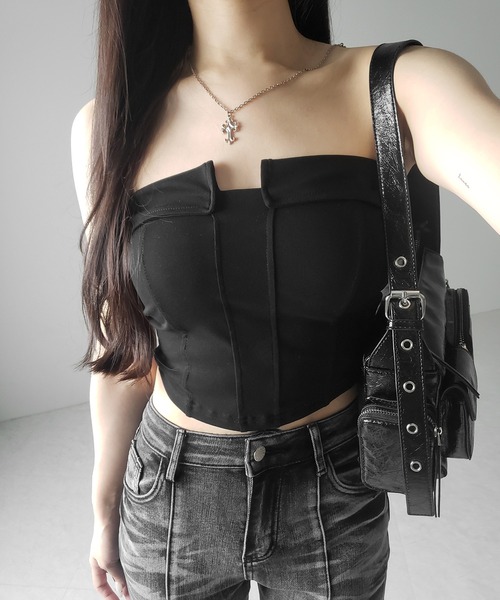 me+em select（ミームセレクト）の「※※【 ３color ／ カップ付き 】コルセットスリムライン切替ベアトップス ／ corset slim line switching bare tops（チューブトップ・レディース・ホワイト/ライトグレー/ブラック・FREE）」の10枚目の写真