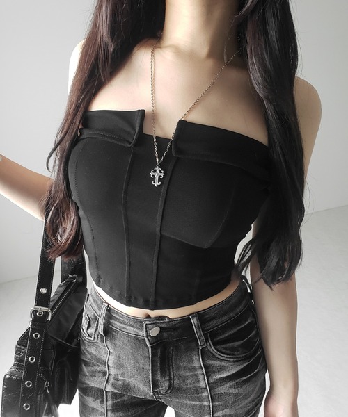 3color ／ カップ付き 】コルセットスリムライン切替ベアトップス