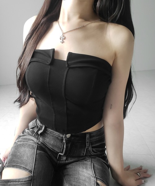 me+em select（ミームセレクト）の「※※【 ３color ／ カップ付き 】コルセットスリムライン切替ベアトップス ／ corset slim line switching bare tops（チューブトップ・レディース・ホワイト/ライトグレー/ブラック・FREE）」の14枚目の写真