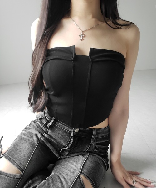me+em select（ミームセレクト）の「※※【 ３color ／ カップ付き 】コルセットスリムライン切替ベアトップス ／ corset slim line switching bare tops（チューブトップ・レディース・ホワイト/ライトグレー/ブラック・FREE）」の16枚目の写真