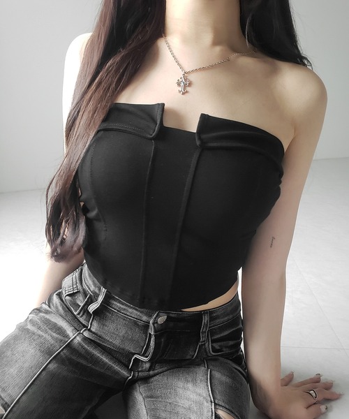 me+em select（ミームセレクト）の「※※【 ３color ／ カップ付き 】コルセットスリムライン切替ベアトップス ／ corset slim line switching bare tops（チューブトップ・レディース・ホワイト/ライトグレー/ブラック・FREE）」の15枚目の写真
