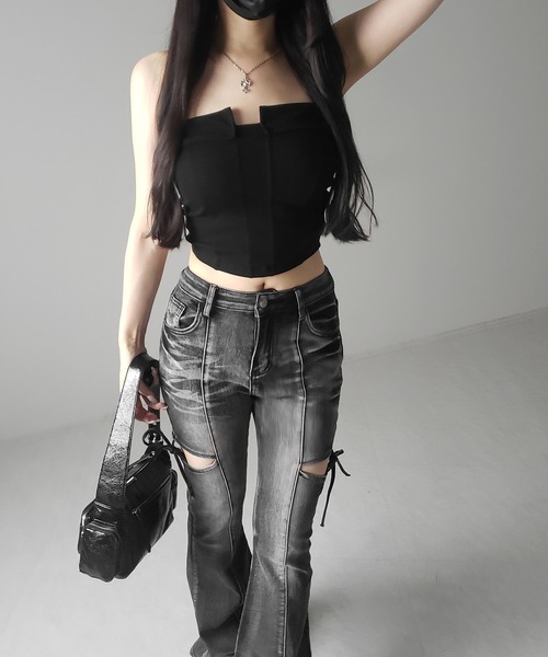 me+em select（ミームセレクト）の「※※【 ３color ／ カップ付き 】コルセットスリムライン切替ベアトップス ／ corset slim line switching bare tops（チューブトップ・レディース・ホワイト/ライトグレー/ブラック・FREE）」の17枚目の写真