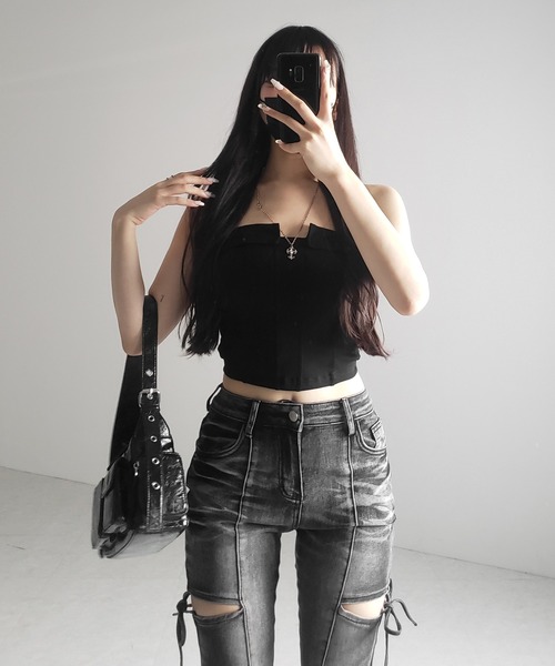 me+em select（ミームセレクト）の「※※【 ３color ／ カップ付き 】コルセットスリムライン切替ベアトップス ／ corset slim line switching bare tops（チューブトップ・レディース・ホワイト/ライトグレー/ブラック・FREE）」の19枚目の写真