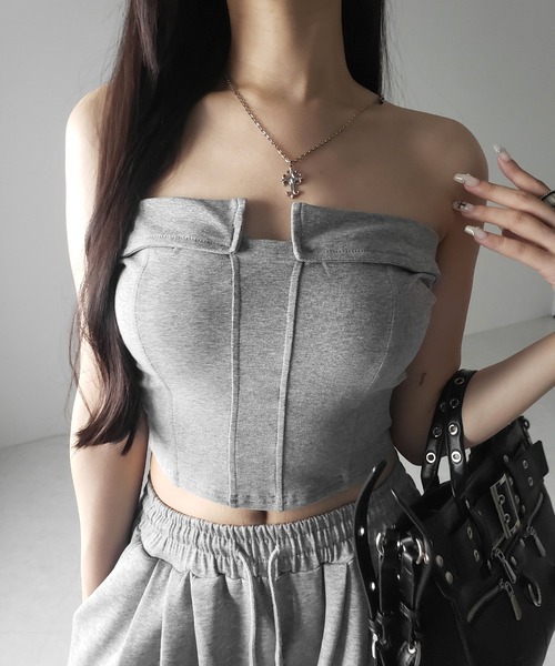 me+em select（ミームセレクト）の「※※【 ３color ／ カップ付き 】コルセットスリムライン切替ベアトップス ／ corset slim line switching bare tops（チューブトップ・レディース・ホワイト/ライトグレー/ブラック・FREE）」の21枚目の写真