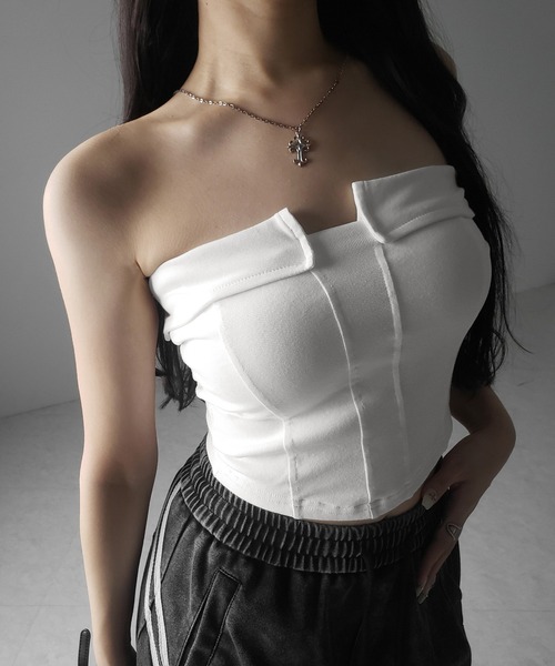 3color ／ カップ付き 】コルセットスリムライン切替ベアトップス