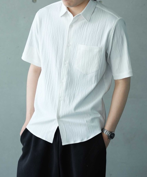 UNION STATION（ユニオンステーション）の「楊柳カチオン半袖レギュラーカラーシャツ（シャツ/ブラウス・メンズ・ベージュ/ダークブルー/オフホワイト/ブラック・M/L/LL）」の6枚目の写真