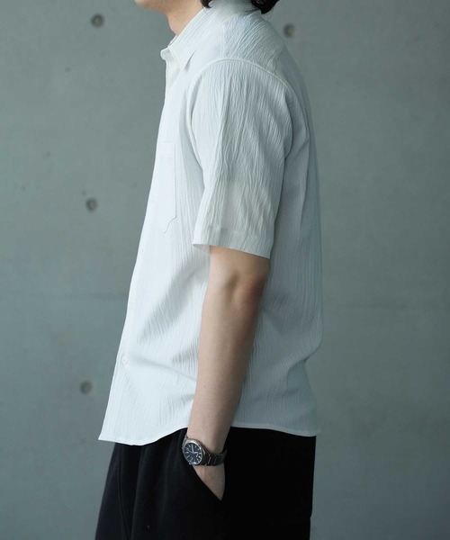 UNION STATION（ユニオンステーション）の「楊柳カチオン半袖レギュラーカラーシャツ（シャツ/ブラウス・メンズ・ベージュ/ダークブルー/オフホワイト/ブラック・M/L/LL）」の7枚目の写真