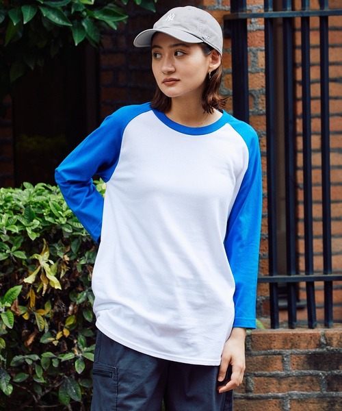 Printstar(プリントスター)の「▲5.6oz 3/4 Sleeve Round Neck Cut Sew 7分丈Tシャツ ユニセックス クルーネック ラグランスリーブ 長袖 ロンT(Tシャツ/カットソー・メンズ・ホワイト×ブルー・S/L)」の2枚目の写真