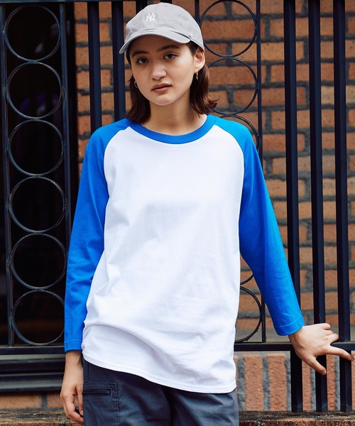 Printstar(プリントスター)の「▲5.6oz 3/4 Sleeve Round Neck Cut Sew 7分丈Tシャツ ユニセックス クルーネック ラグランスリーブ 長袖 ロンT(Tシャツ/カットソー・メンズ・ホワイト×ブルー・S/L)」の4枚目の写真